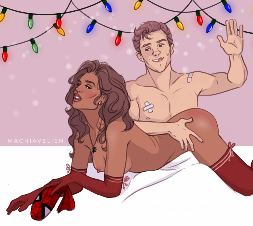 1boy 1girls bent_over_lap breasts brown_hair brown_skin christmas dark-skinned_female female gloves gloves_only hair_on_head human interracial light-skinned_male light_skin machiavelien male male/female marvel marvel_cinematic_universe michelle_jones nipples nude nude_female nudity peter_parker socks socks_only spank_marks spanked_butt spanking spanking_ass spider-man spider-man_(series) spider-man_(tom_holland) tom_holland zendaya