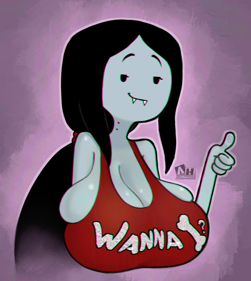 2023 absurd_res absurdres adventure_time artist_logo artist_name artist_signature astroafterhours big_breasts bite_marks black_hair breasts breasts_bigger_than_head cartoon_network digital_art digital_drawing_(artwork) digital_media_(artwork) fangs female female_only grey_body grey_skin hi_res high_resolution highres huge_breasts ignantastro large_breasts long_hair marceline marceline_abadeer marceline_the_vampire_queen ponytail red_tank_top sharp_teeth solo solo_female tank_top thumbs_up torso_shot twitter_link vampire vampire_girl vampire_queen vampire_teeth