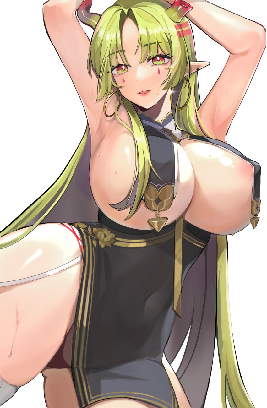 absurdres areolae aristeia_pacificator armpits arms_up azur_lane breast_curtains breasts broken_horn cleavage cosplay demon_girl demon_horns earrings eyebrows_visible_through_hair facial_tattoo female forehead green_eyes green_hair highres horns indie_virtual_youtuber jewelry jintianhuahualema large_breasts multicolored_hair o-ring pointy_ears red_eyes sidelocks simple_background sirius_(azur_lane) sirius_(azur_lane)_(cosplay) sirius_(azure_horizons)_(azur_lane) sirius_(azure_horizons)_(azur_lane)_(cosplay) solo sweat tattoo thighhighs two-tone_hair virtual_youtuber white_background