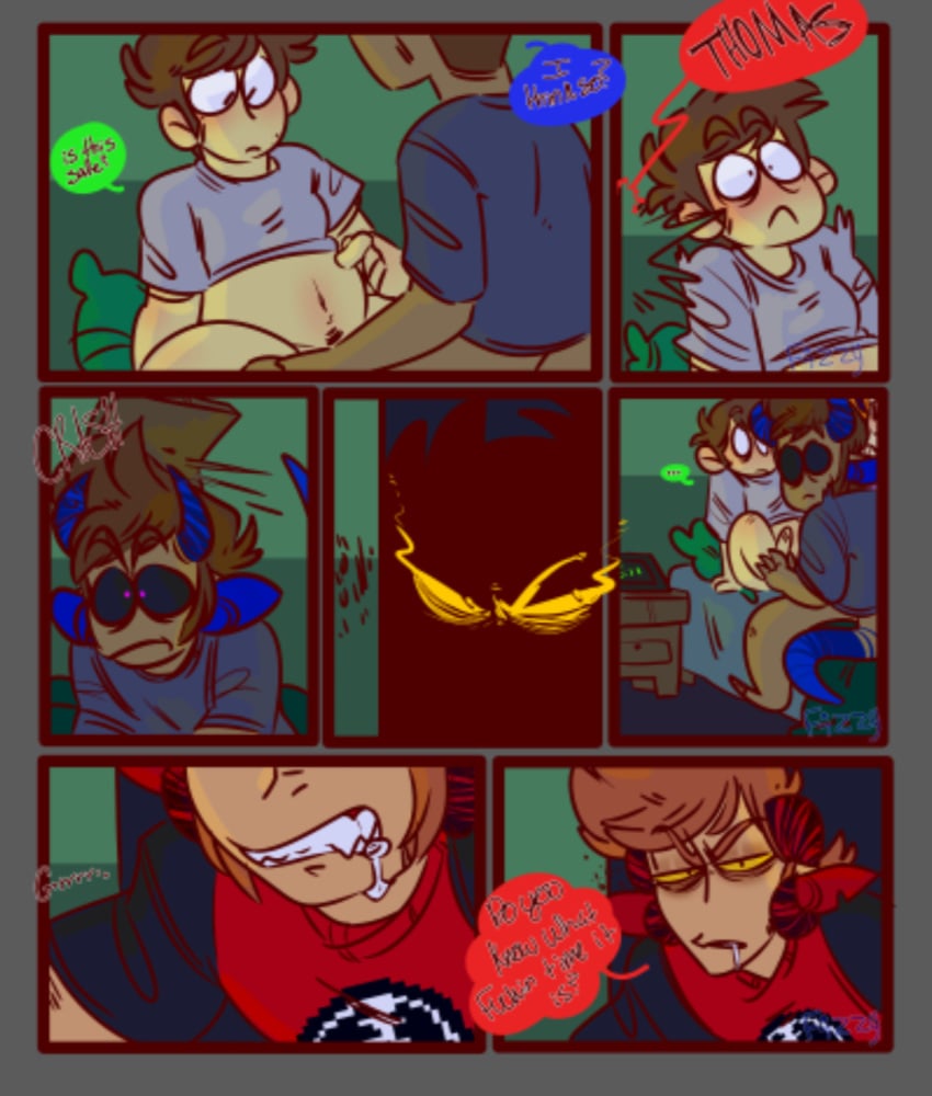 bedroom black_eyes blue_penis brown_hair caught caught_in_the_act comic comic_page edd edd_(eddsworld) eddsworld gay gay_blowjob gay_sex ginger_hair male male_only matt matt_(eddsworld) monster monster_boy orange_hair purple_penis tail tom tom_(eddsworld)