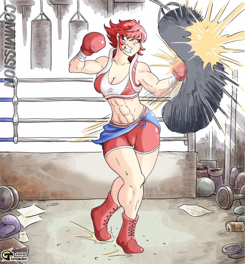 1girls abs boxing boxing_gloves boxing_ring breasts cleavage clothing commission female female_only fire_emblem fire_emblem_fates footwear gloves gym handwear hinoka_(fire_emblem) human medium_breasts muscular muscular_female nintendo pale_skin punching_bag red_boxing_gloves red_eyes red_gloves red_hair smile solo sportswear tank_top tuteheavy