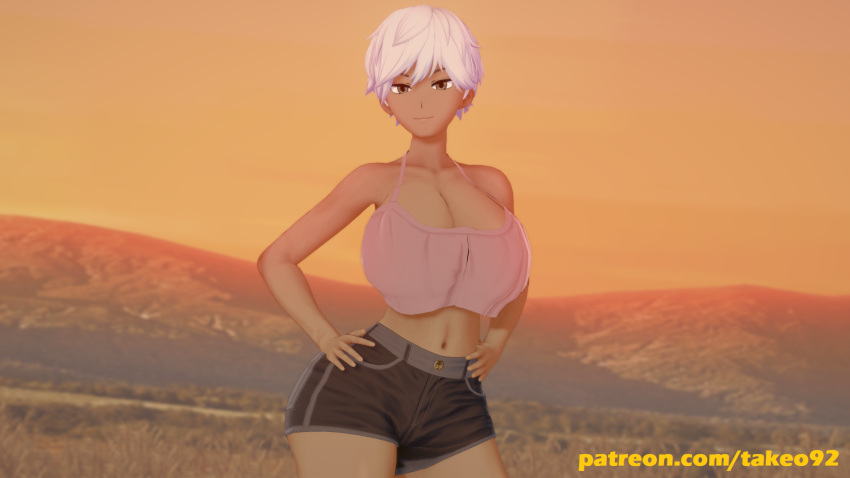 1girls 3d 3d_(artwork) big_breasts clothed clothing curvaceous curvy dark-skinned_female dark_skin female female_only green_eyes huge_breasts large_breasts looking_at_viewer original original_character patreon pinup pinup_pose revealing_clothes short_hair shorts skimpy skimpy_clothes solo sunset takeo92 text thick_thighs tight_clothing topwear white_hair wide_hips yara_(takeo92)