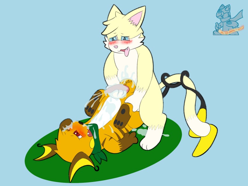 bodily_fluids cum cum_in_ass cum_inside cum_on_self domestic_cat felid feline felis genital_fluids hi_res male male/male mammal nintendo overstimulation pokémon_(species) pokemon pokemon_(species) raichu syngie_(artist) video_games zarro