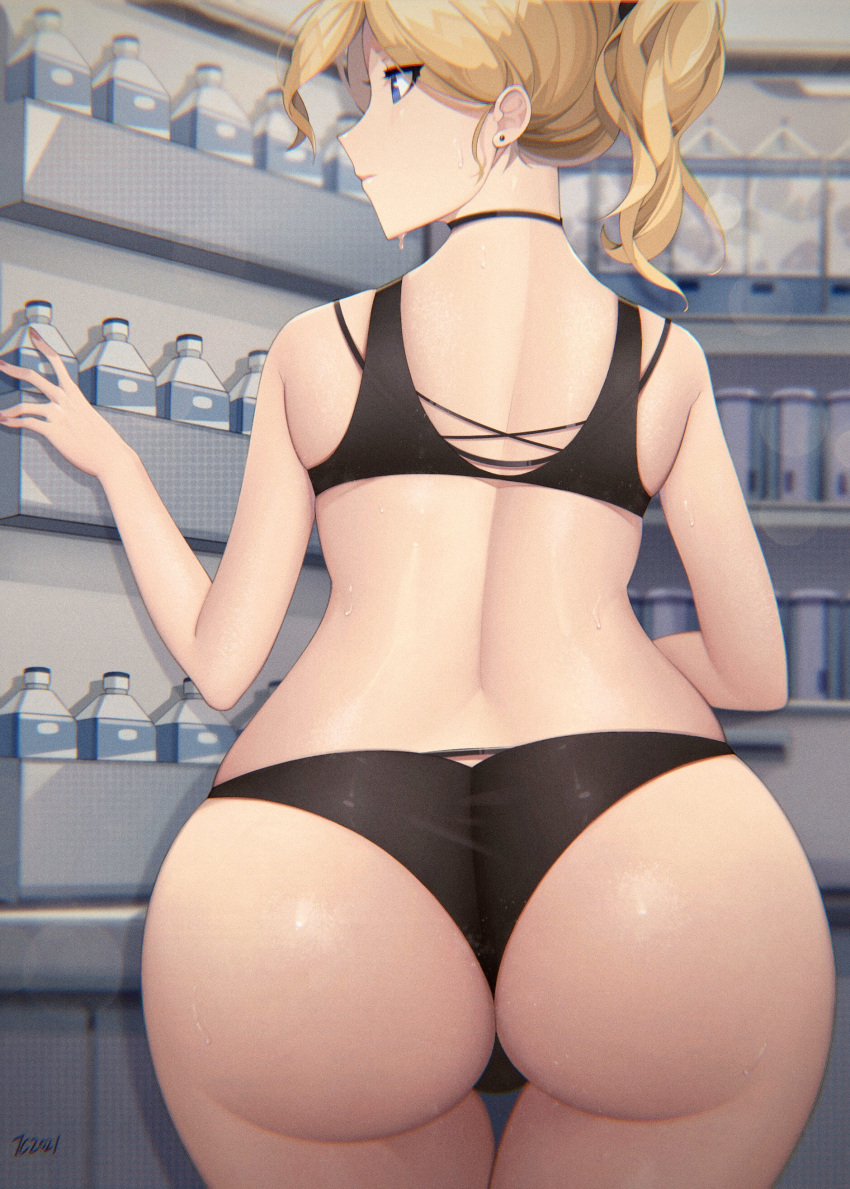 1girls 2021 absurdres ass back bangs bare_arms bianka_durandal_ataegina black_bra black_panties blonde_hair blue_eyes bottle bra breasts can closed_mouth ear_piercing eyebrows_visible_through_hair female female female_focus female_only hair_ribbon highres honkai_(series) honkai_impact_3rd looking_to_the_side milk_carton nail_polish panties piercing ponytail refrigerator ribbon senjouhara_nira short_hair signature skindentation solo solo_female standing thigh_gap thighs underwear underwear_only water_bottle