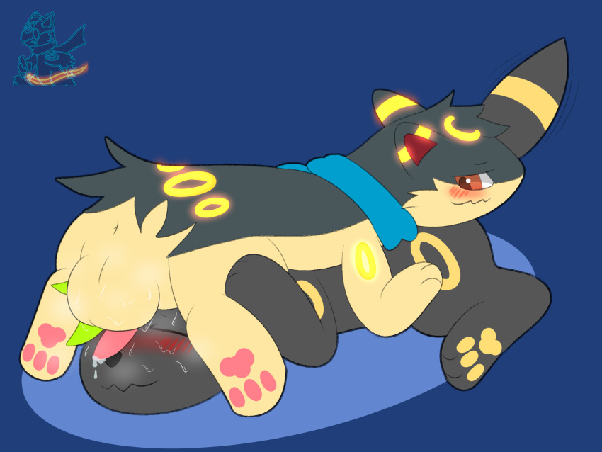 balls balls_on_face eeveelution genitals hi_res male male/male musk_play nintendo pokémon_(species) pokemon pokemon_(species) quilava syngie_(artist) umbreon video_games