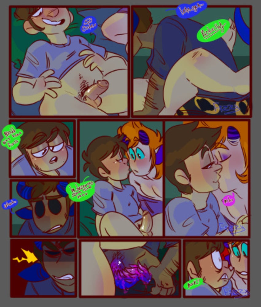 bedroom black_eyes blue_penis brown_hair caught caught_in_the_act comic comic_page edd edd_(eddsworld) eddsworld gay gay_blowjob gay_sex ginger_hair kissing male male_only matt matt_(eddsworld) mattedd monster monster_boy orange_hair purple_penis tail tom tom_(eddsworld)