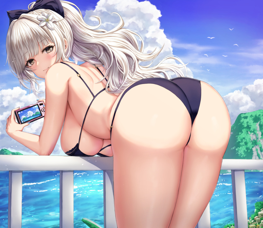 1girls 2021 ass azur_lane back bangs bare_arms bare_shoulders bent_over bikini bird black_bikini black_swimsuit blunt_bangs bow breasts buran_(22x) camera cloud day female female_focus female_only flower from_behind hair_flower hair_ornament hairbow hanging_breasts highres holding holding_camera large_breasts long_hair looking_at_viewer looking_back official_alternate_costume outdoors ponytail sardegna_empire_(azur_lane) seagull silver_hair solo summer swimsuit vittorio_veneto_(azur_lane) vittorio_veneto_(the_flower_of_la_spezia)_(azur_lane)