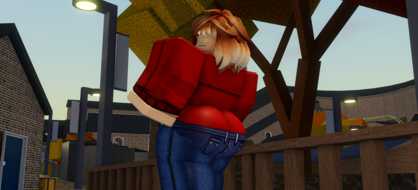 1girls 3d arsenal_(rolve) ass butt covered_eyes embarrassed female female_only fully_clothed huge_ass jeans looking_back midnightkrystal outdoors outside pinkishpinkas public red_shirt roblox roblox_avatar roblox_game rolve short_hair source_request thick thick_ass viewed_from_behind