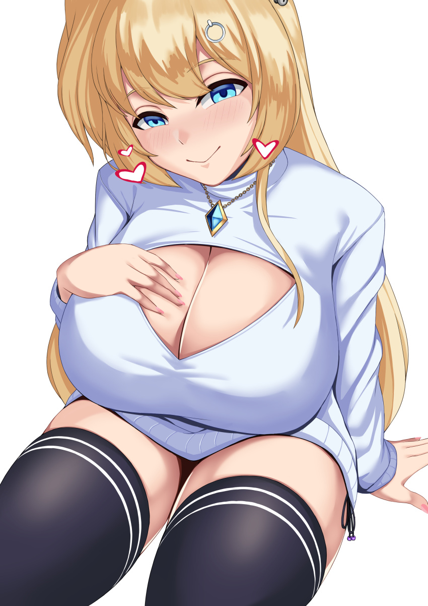 1girls 2021 absurdres blonde_hair blush breast_suppress breasts cleavage cleavage_cutout clothing_cutout eyebrows_visible_through_hair female female_focus female_only grey_sweater heart highres hime_hajime keyhole_turtleneck large_breasts light-skinned_female light_skin long_hair looking_at_viewer meme_attire open-chest_sweater side_ponytail sitting smile solo solo_female sweater thighhighs virtual_youtuber vshojo warden_(jadol_9) white_background