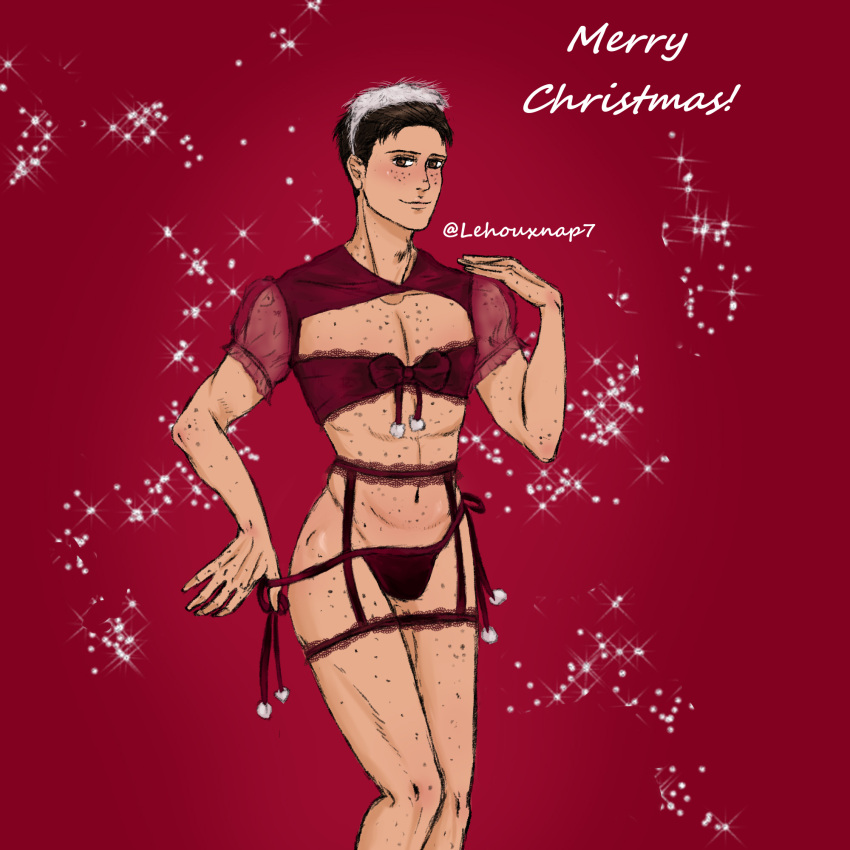 1boy attack_on_titan brunet christmas christmas_lingerie crossdressing freckles headband lehouxnap7 lingerie looking_at_viewer male_focus male_lingerie male_only marco_bodt posing red_lingerie shingeki_no_kyojin