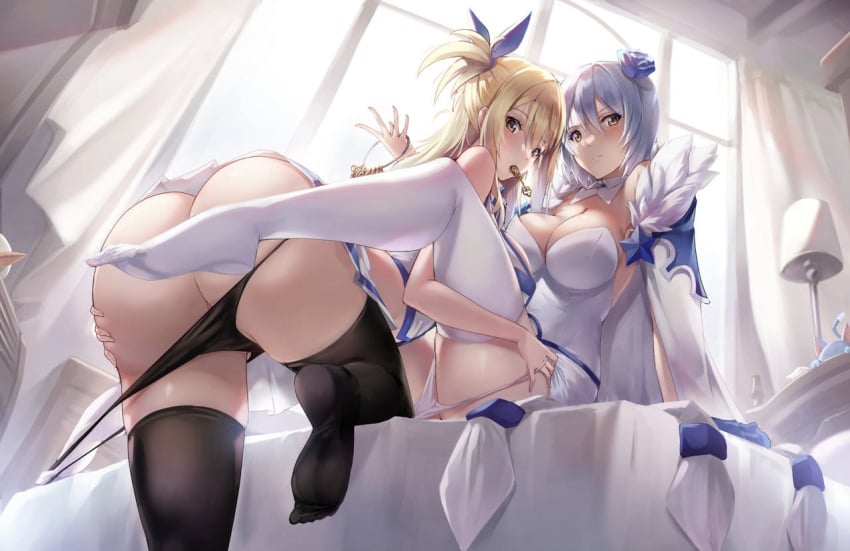 2girls ass ass_grab blonde_hair breasts brown_eyes bubble_butt fairy_tail female gainoob hairband hairbow hairclip keys lucy_heartfilia magic magical_girl undressing white_hair yukino_aguria yuri