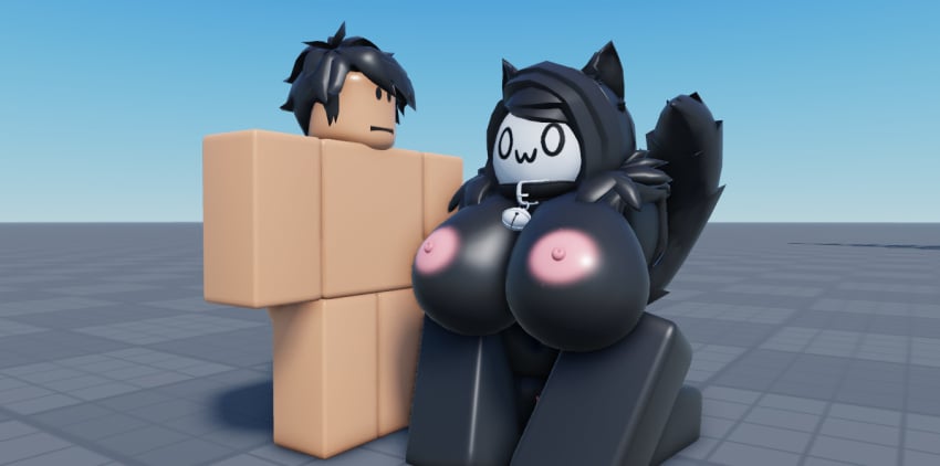 ._. 1boy 1girls 3d anthro big_breasts black_fur collar consensual female furry homo_animalis huge_breasts large_breasts larger_female naked nipples nonalterna on_knees owo pet roblox robloxian self_upload skull_face wagging_tail wip