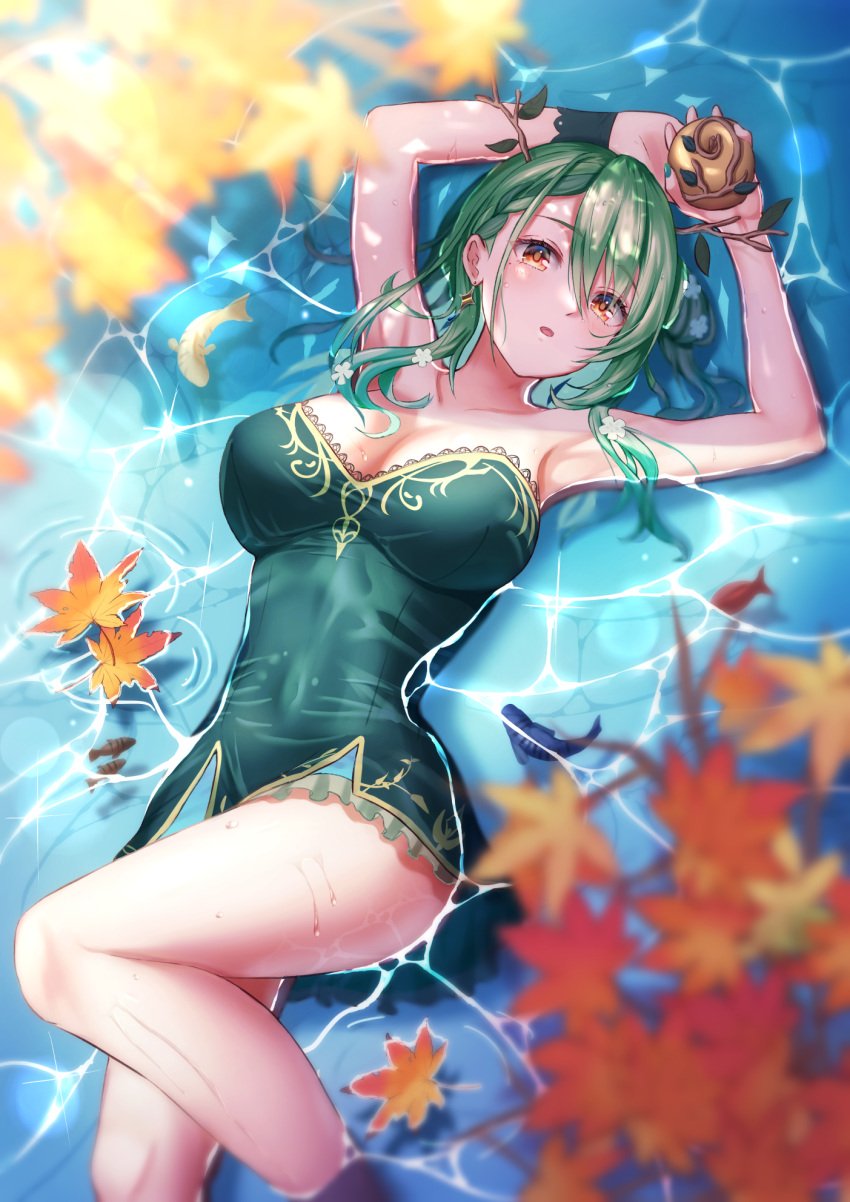 armpits artist_request autumn ceres_fauna dress female fish golden_apple green_eyes green_hair hololive hololive_english hololive_english_-council- hololive_english_-promise- long_hair lying virtual_youtuber watermark