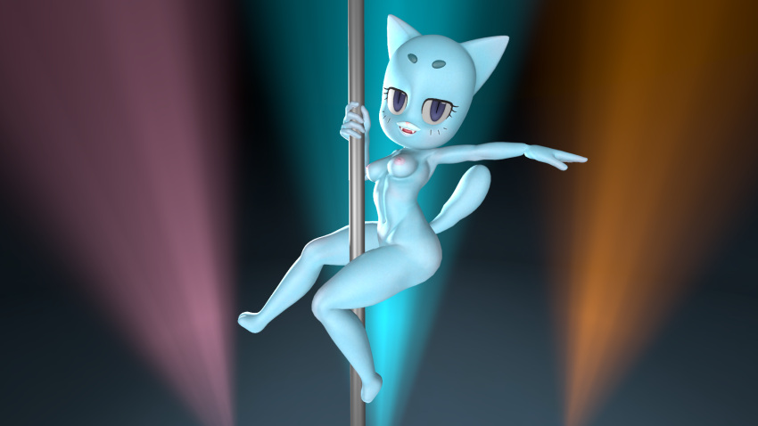 3d animal_ears anthro blue_eyes blue_fur blue_skin breasts cartoon_network cat_ears cat_tail catgirl exposed_breasts felid feline feline felis female female_only furry hi_res highres indysfm mammal mature_female milf nicole_watterson nipples solo source_filmmaker stripper_pole tagme the_amazing_world_of_gumball