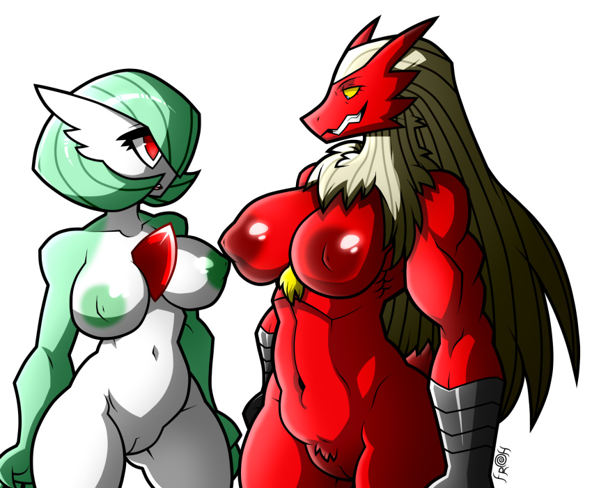 2girls anthro big_ass big_belly big_breasts big_butt big_muscles big_nipples blaziken breasts female female_blaziken female_gardevoir fred1032 gardevoir generation_3_pokemon green_skin multiple_girls muscles naked nintendo nude nude_female pokemon pokemon_(species) pokemon_only pussy red_eyes red_skin yuri