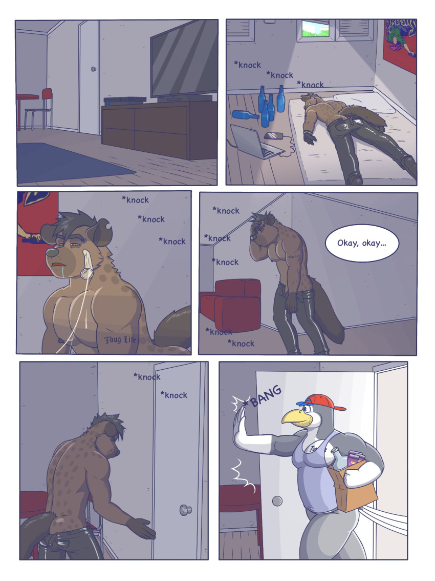 ass avian bird blue_hair clothed clothing comic computer condom door_slam filled_condom furry hair hangover hi_res hyaenid laptop male mammal muscular muscular_male nipples no_underwear phone rain-yatsu sexual_barrier_device spotted_hyena tattoo topless waking_up