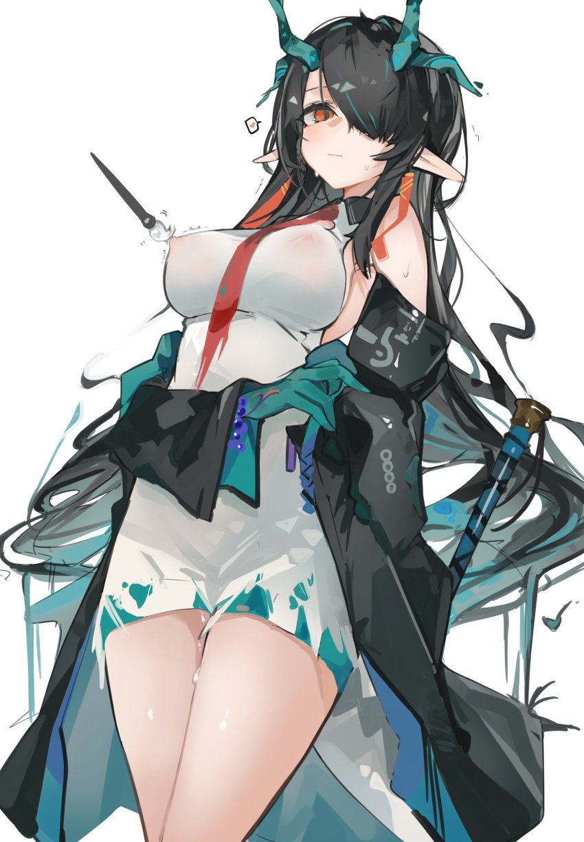 arknights bead_bracelet beads black_coat black_hair blue_skin bracelet breasts china_dress chinese_clothes coat colored_skin covered_nipples cowboy_shot dragon_horns dress dusk_(arknights) female hair_over_one_eye highres horns jewelry large_breasts long_hair looking_at_viewer mikozin necktie nipples off_shoulder open_clothes open_coat paintbrush pointy_ears pussy_juice red_eyes red_necktie see-through simple_background sleeveless sleeveless_dress solo tickling white_background white_dress