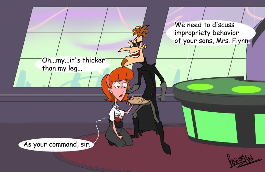 1boy 1girls bad_end big_breasts big_penis businessman_(artist) cheating cheating_wife clothed defeated_heroine femsub inminent_sex linda_flynn-fletcher maledom milf orange_hair phineas_and_ferb phineas_and_ferb_the_movie:_across_the_2nd_dimension speech_bubble