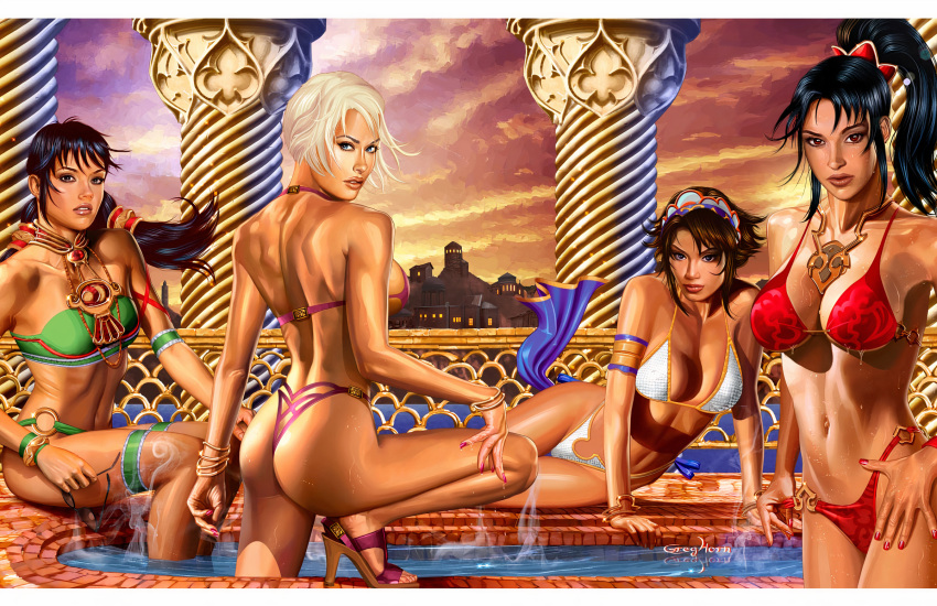 4girls bikini chai_xianghua dick_sucking_lips female female_focus female_only greg_horn isabella_valentine jacuzzi light-skinned_female looking_at_viewer multiple_girls pool poolside short_hair soul_calibur swimsuit take_your_pick taki talim tan-skinned_female