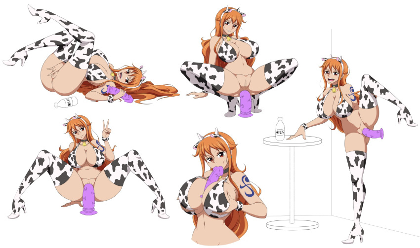 anal anal_masturbation anal_object_insertion big_breasts bovine cosplay cow_ears cow_horns cow_print dildo dildo_in_ass dildo_in_pussy female female_only ggc girl_cow high_heel_boots high_heels nami one_piece solo