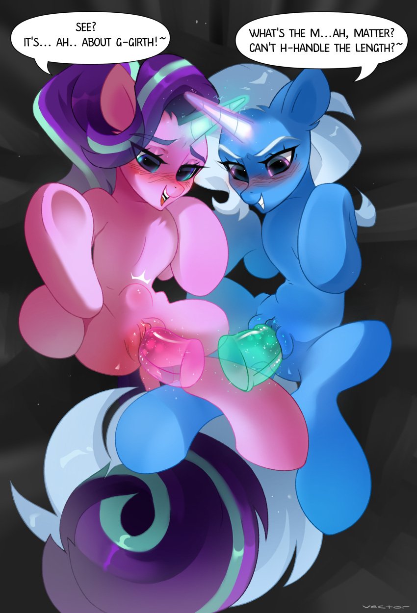 2022 absurd_res blue_body blue_eyes blue_hair blue_horn dialogue dildo dildo_in_pussy dildo_insertion duo english_text equid equine female female/female feral friendship_is_magic genitals hair hasbro hi_res hooves horn magic magic_user mammal multicolored_hair my_little_pony open_mouth penetration pink_body pink_horn purple_eyes purple_hair pussy quadruped sex_toy sex_toy_in_pussy sex_toy_insertion silver_hair smile speech_bubble starlight_glimmer starlight_glimmer_(mlp) stomach_bulge teeth text trixie_(mlp) two_tone_hair unicorn unicorn_horn vaginal_penetration zlatavector