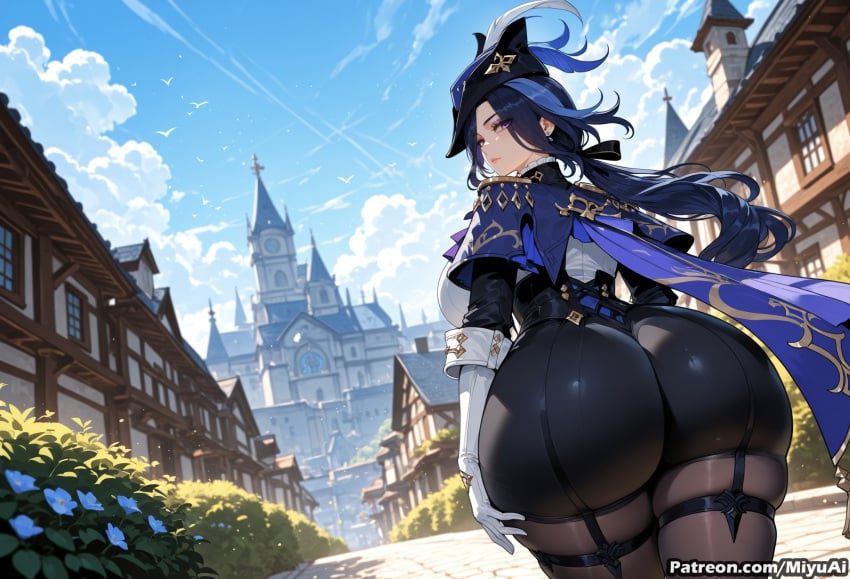 1girl 1girls ai_assisted ai_generated ass ass_focus big_ass big_breasts black_hair breasts clorinde_(genshin_impact) company_name curvaceous curvy curvy_female curvy_figure female female_only genshin_impact gloves hat huge_ass large_breasts light-skinned_female long_hair looking_at_viewer looking_back miyuai mole police police_uniform ponytail purple_eyes sky solo thick thick_ass thick_butt thick_hips thick_legs thick_thighs thigh_strap thighs uniform voluptuous voluptuous_female weapon wide_hips wide_thighs
