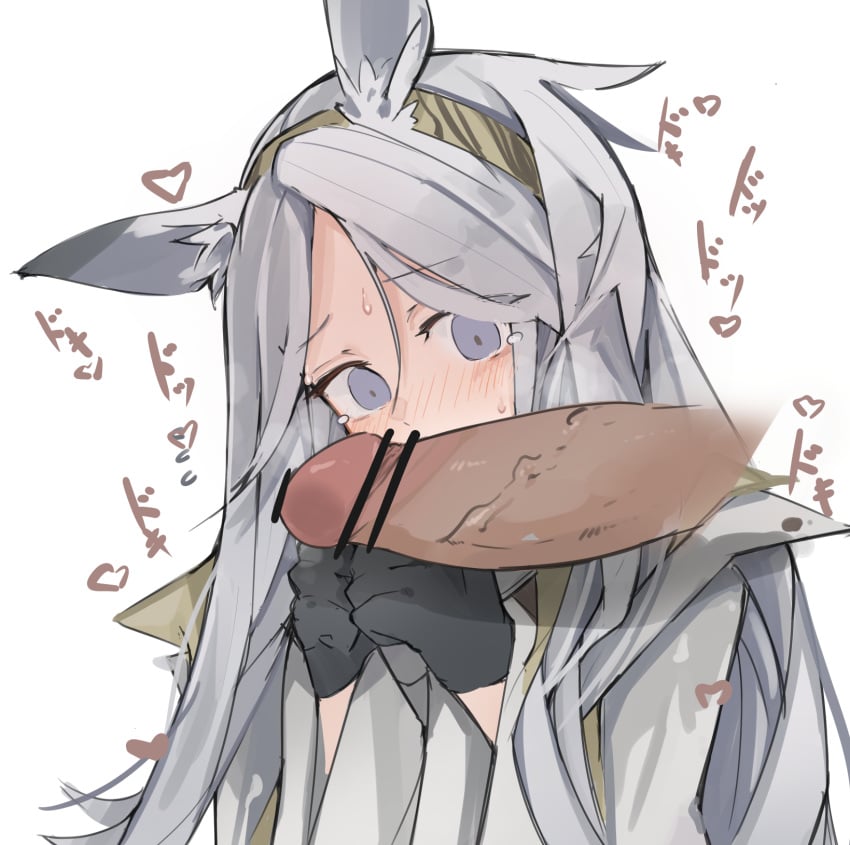 animal_ears arknights bar_censor black_gloves blush censored dark-skinned_male dark_skin disembodied_penis erection eyebrows_visible_through_hair female fingerless_gloves flying_sweatdrops gloves green_hairband grey_hair grey_shirt hairband hands_up heavyrain_(arknights) highres horse_ears long_hair looking_at_penis mikozin penis purple_eyes shirt simple_background solo_focus sound_effects tearing_up upper_body veins veiny_penis white_background