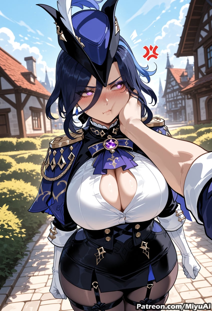 1girl ai_assisted ai_generated anger_vein angry blue_hair blush breasts button_gap clorinde_(genshin_impact) curvaceous curvy curvy_female curvy_figure day female genshin_impact gloves hat huge_breasts looking_at_viewer miyuai mole outdoors pencil_skirt pout purple_eyes short_hair skirt solo_focus thick thick_ass thick_butt thick_hips thick_legs thick_thighs thighhighs voluptuous voluptuous_female white_gloves wide_hips wide_thighs