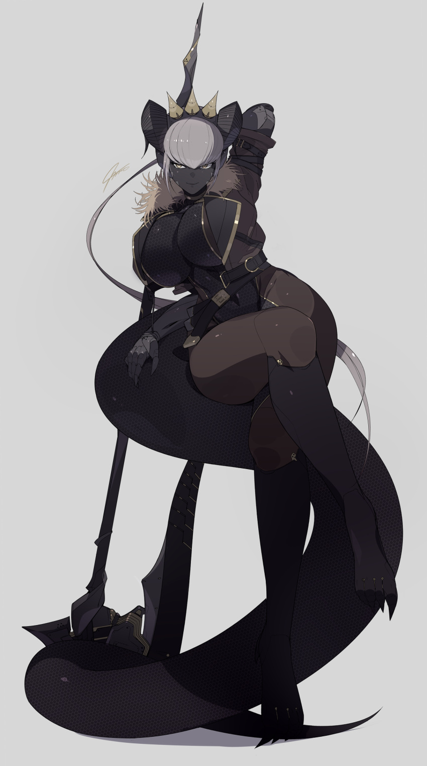 1girls ass bare_thighs belt black_body black_skin breasts choker cleavage cleavage_cutout dark-skinned_female dark_skin female female_focus female_only fully_clothed fur_trim headgear headwear horn horns ill_(ub1mo) large_breasts legwear long_ponytail looking_at_viewer midriff navel navel_line necklace non-human ponytail robotic_arm short_hair short_sleeves sitting sitting_on_tail skin_pattern solo solo_female solo_focus staff tail thick_tail thick_thighs ub1mo voluptuous white_hair wide_hips yellow_eyes