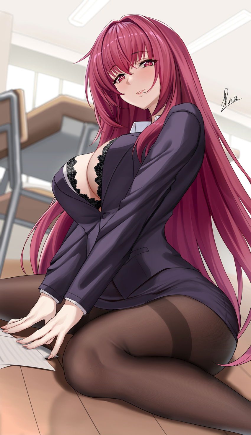 1girls 2022 artist_signature black_bra black_clothing blush bra breasts classroom cleavage clothed clothed_female desk fate/grand_order fate_(series) female female_only hi_res hips indoors kneeling large_breasts long_hair looking_at_viewer pantyhose piukute062 purple_hair red_eyes scathach_(fate) slim_waist teacher thick_thighs thighs wide_hips