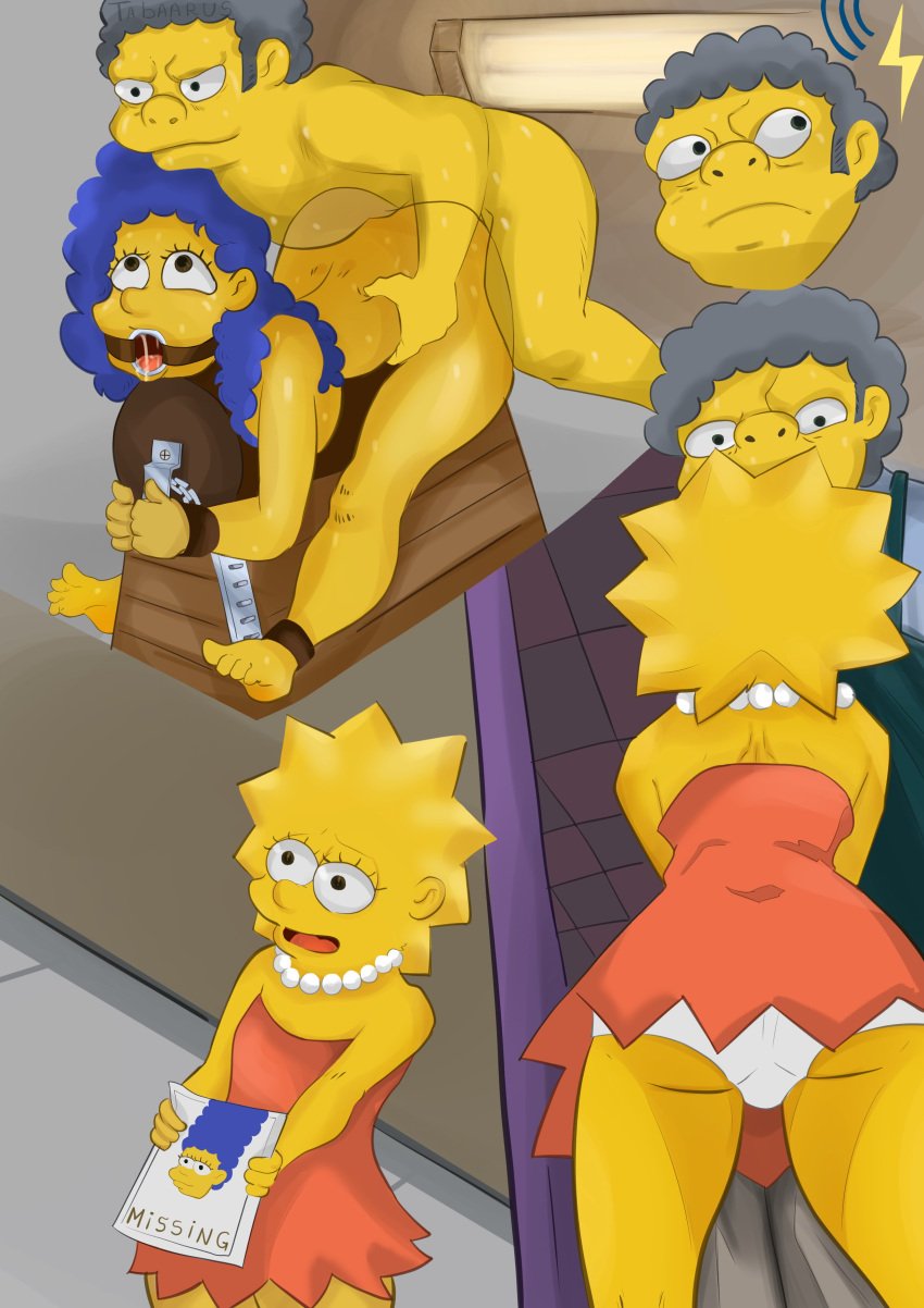 2022 blonde_hair blue_hair bondage dark_eyes digital_media_(artwork) dress duo gag group handcuffs hi_res human lisa_simpson male marge_simpson moe_szyslak open_mouth panties rape sex tabaarus the_simpsons vaginal_penetration yellow_body yellow_hair young