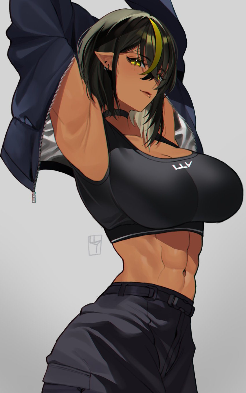 1girls abs armpits arms_up asymmetrical_hair bare_midriff bare_shoulders big_breasts black_bra black_hair black_legwear black_nail_polish choker cleavage collarbone crop_top dark-skinned_female dark_elf dark_hair dark_skin earrings elf elf_ears elf_female eyelashes fangs female female_only hair_between_eyes large_breasts lilith_(lilycious) lilycious long_sleeves looking_at_viewer looking_down midriff mole mole_on_breast mole_under_mouth multicolored_hair muscles muscular muscular_female nail_polish navel open_clothes open_shirt pointy_ears short_hair six_pack smirk smug tagme tomboy two_tone_hair yellow_eyes yellow_hair