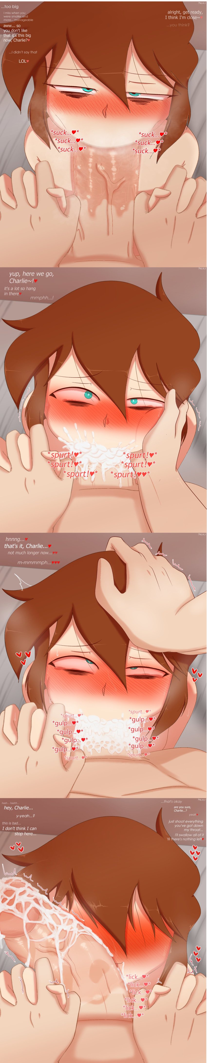 1boy 1girls 4koma after_fellatio bags_under_eyes bed big_penis blue_eyes blush blushing brown_hair charlie_(mooncancer00) comic cum cum_explosion cum_in_mouth cum_inside cum_on_face cum_swallow deepthroat dialogue english_text excessive_cum eyes_visible_through_hair fellatio femsub hand_on_head heart-shaped_pupils heavy_blush heavy_breathing irrumatio jordan_(mooncancer00) maledom mooncancer00 musk oral oral_sex original original_character pale-skinned_female penis pov pov_eye_contact saliva_on_penis short_hair smell tearing_up tears text