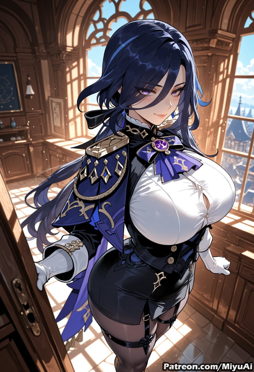 1girl ai_assisted ai_generated bangs black_legwear blush breasts clorinde_(genshin_impact) closed_mouth curvaceous curvy curvy_female curvy_figure female genshin_impact gloves hair_between_eyes huge_breasts indoors long_hair long_sleeves looking_at_viewer miyuai pantyhose purple_eyes purple_hair ribbon shirt sidelocks skirt smile solo thick thick_ass thick_butt thick_hips thick_legs thick_thighs thighhighs very_long_hair voluptuous voluptuous_female white_gloves white_shirt wide_hips wide_thighs window wooden_floor