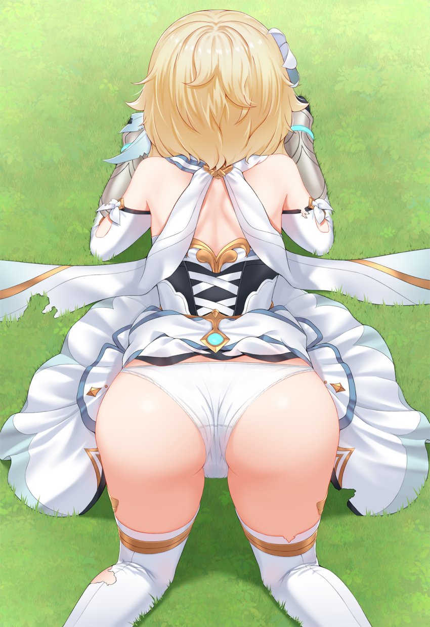 all_fours ass bare_shoulders big_ass blonde_hair boots cameltoe dress feather_hair_ornament female flower from_behind genshin_impact hair_flower hair_ornament hajika huge_ass lumine_(genshin_impact) panties shiny shiny_hair shiny_skin short_hair_with_long_locks skirt skirt_flip solo thigh_boots thighhighs top-down_bottom-up torn_clothes underwear