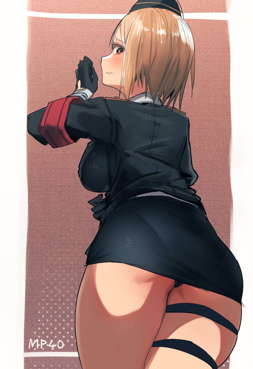 absurdres akitaka_takaaki armband ass bangs black_gloves black_headwear black_panties black_skirt blonde_hair blush breasts character_name closed_mouth eyebrows_visible_through_hair female from_behind girls'_frontline gloves hat head_tilt highres large_breasts long_sleeves military military_uniform mp40_(girls'_frontline) panties pantylines red_eyes simple_background skindentation skirt solo thigh_strap two-tone_background underwear uniform