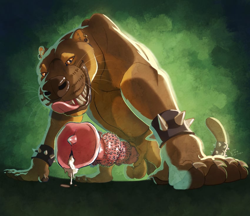 animal_genitalia animal_penis armband balls bodily_fluids brown_body brown_eyes brown_fur brown_nose claws claws_out cum digital_media_(artwork) digital_painting_(artwork) dripping ear_piercing ear_ring euplerid fangs feral flared_penis fossa fossa_penis fur furgonomics furry-specific_piercing genital_fluids genital_piercing genitals green_background knot knot_root leaking_cum licking licking_lips looking_at_viewer low-angle_view male mammal multi_knot penile_spines penis piercing precum precum_drip precum_on_ground sheath sheath_piercing simple_background smile solo spiked_armband spiked_penis spiked_tailband spikes spikes_(anatomy) tan_body tan_fur teeth tongue tongue_out vera-panthera