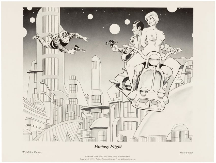 arms_behind_back breasts captive captured casual city city_background cityscape female flying_motorcycle futuristic gun head_tilt human jetpack male motorcycle multitasking naked naked_female nipples nude nude_female nude_female_clothed_male page_7 pale_skin raygun sci-fi science_fiction vehicle wally_wood weird_sex_fantasy