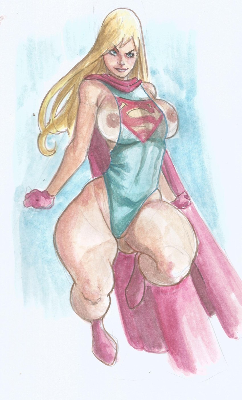 1girls alien_human alien_look_like_human big_breasts blonde_hair blue_eyes breasts dc dc_comics elroberto exposed_breasts extraterrestrial extraterrestrial_human female female_only kara_danvers kara_zor-el leotard light-skinned_female supergirl thick_thighs traditional_media_(artwork)