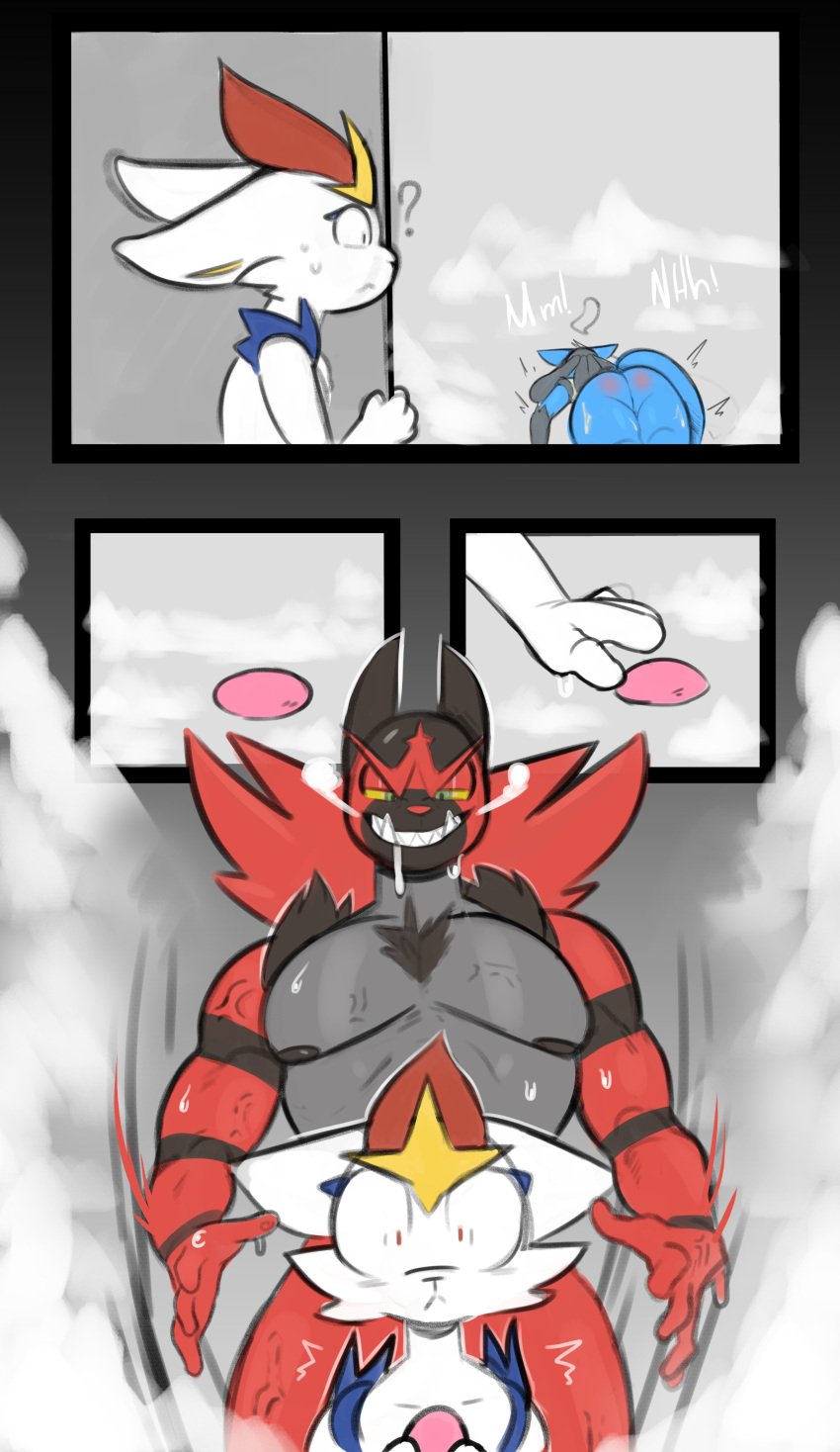 absurd_res after_sex ass black_body black_fur blue_body blue_fur bodily_fluids canid canine cinderace comic convenient_censorship cum cum_on_butt felid feline femboy fur genital_fluids genitals hi_res imminent_sex incineroar janslobonejo lagomorph lucario male male_only mammal nintendo nipples pokemon pokemon_(species) red_body red_fur saliva shaking soap stripes trembling video_games wet white_body white_fur