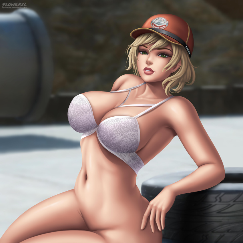 artist_logo big_ass breasts cindy_aurum detailed_background final_fantasy final_fantasy_xv flowerxl green_eyes pussy red_cap red_eyes short_hair sitting square_enix thick_thighs tire white_bra white_skin