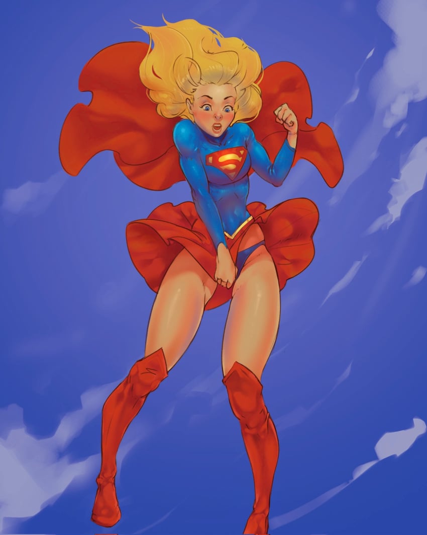 1girls accidental_exposure alien_human alien_look_like_human athletic_female blonde_hair blue_eyes blue_panties blush dc dc_comics embarrassed extraterrestrial extraterrestrial_human female female_only fit_female kara_danvers kara_zor-el kryptonian light-skinned_female panties skirt supergirl superheroine superman_(series) takoshi thigh_gap upskirt young_woman