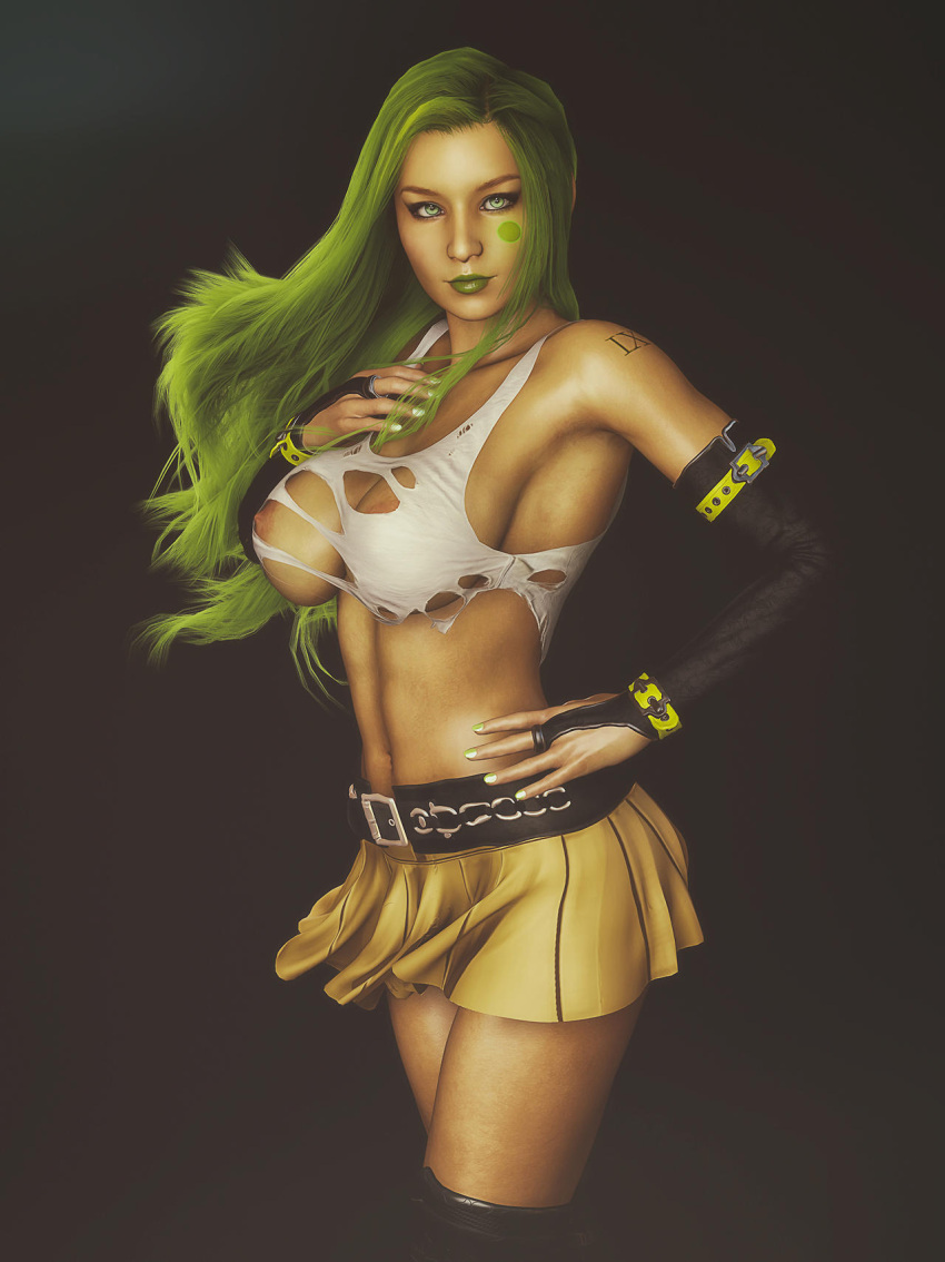 aphrodite_ix belt big_breasts black_belt black_thighhighs brown_miniskirt clothing_damage dragontales eyes eyes_open female green_eyes green_hair green_lipstick green_makeup green_nails hair long_hair straight_hair thighhighs