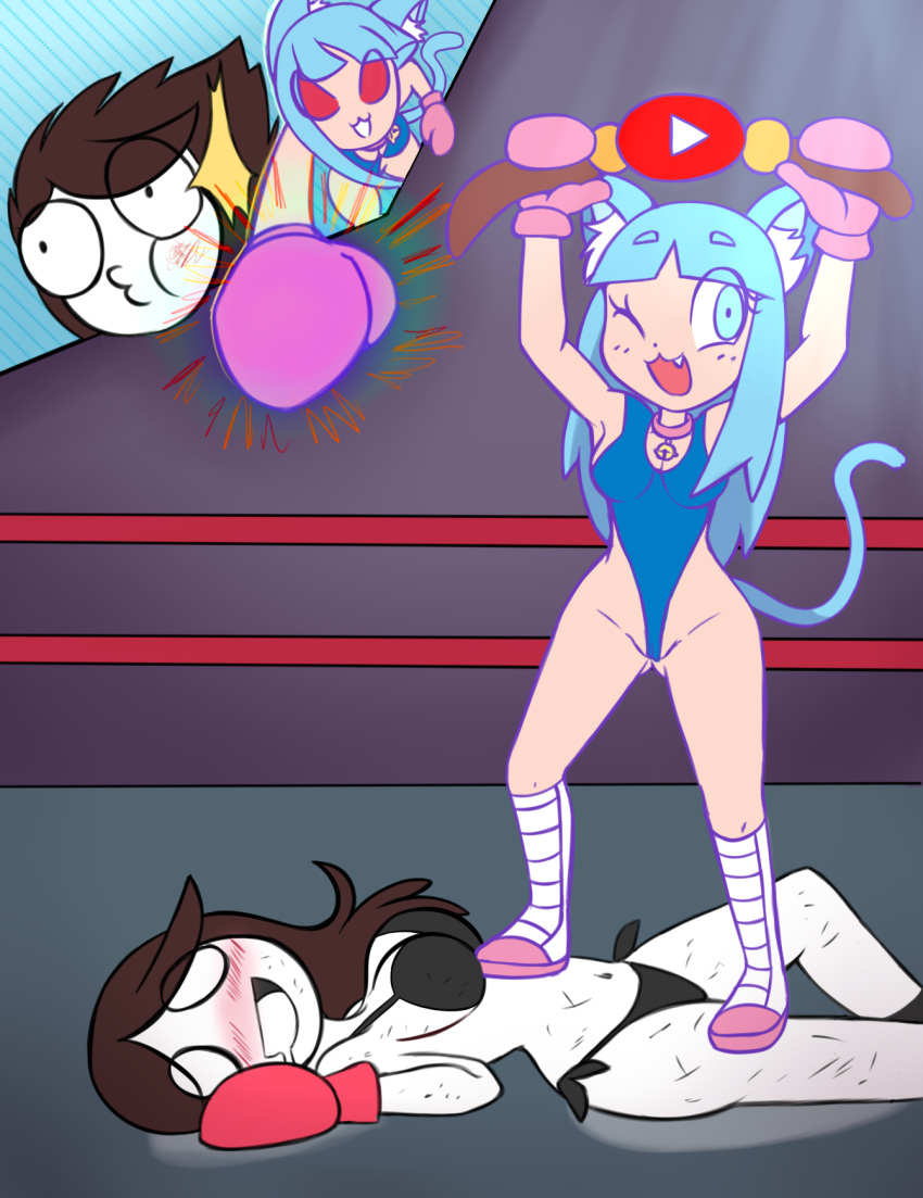 2girls blue_eyes blue_hair brown_hair cat_ears cat_tail catgirl courtney_(projectsnt) female female_only jaiden jaiden_animations multiple_girls punch youtube