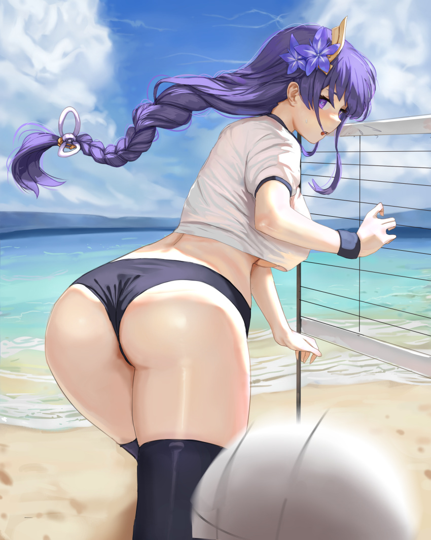 ass beach braid breasts bubble_ass bubble_butt buruma busty dolri female from_behind genshin_impact hi_res large_breasts pubic_hair purple_eyes raiden_shogun sportswear thick_thighs thighhighs underboob volleyball volleyball_(ball) volleyball_net volleyball_shorts volleyball_uniform