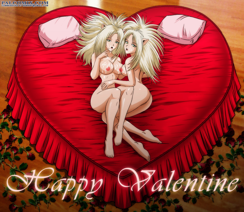 2girls android annapuma ass blonde_hair breasts cat_girl cum cum_on_body cum_on_breasts cum_on_face curvaceous dominion_tank_police duo female flower flowers heart heart-shaped_bed heart_bed heart_shaped_bed incest large_breasts light-skinned_female light_skin long_hair multiple_girls nipples nude palcomix pussy_peek rose sisters twincest twins unipuma valentine valentine's_day