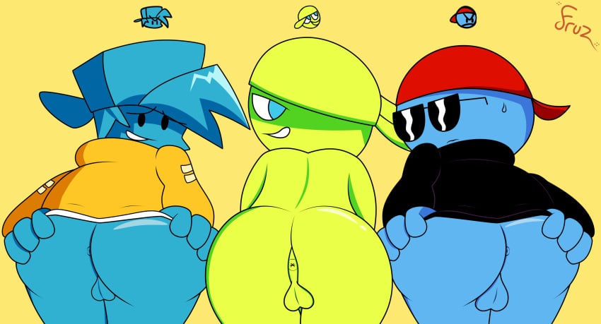 3boys anus anus_peek ass backsack big_ass big_butt black_jacket blue_hat blue_skin bottomless boyfriend_(friday_night_funkin) butt cartoony fat_ass fat_butt femboy femboyfriend friday_night_funkin friday_night_funkin_(minus_mod) fruztal glasses green_hat green_skin huge_ass huge_butt looking_at_viewer male male_only minus_bf_(beta)_(iagoanims) minus_bf_(blue)_(iagoanims) minus_bf_(mean)_(iagoanims) naked no_mouth red_hat simple_background spread_ass sweat thick_ass thick_butt twink yellow_background yellow_jacket