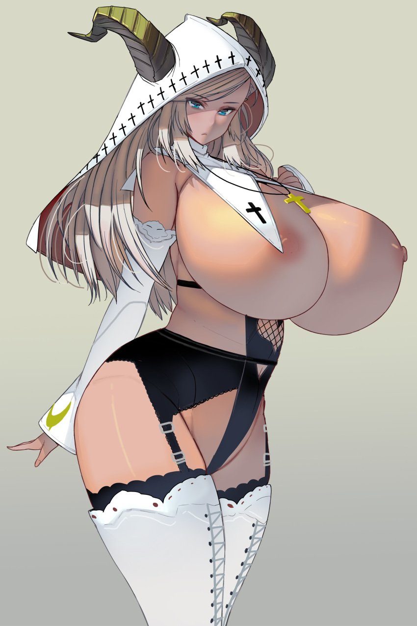 1girls bare_shoulders big_breasts black_legwear blonde_hair blue_eyes breasts_out cross_necklace dark-skinned_female detached_collar detached_sleeves female female_only garter_belt garter_straps headwear horns huge_breasts lace-trimmed_thighhighs lingerie long_hair long_sleeves looking_at_viewer masao massive_breasts no_bra nun original platinum_blonde_hair rosary solo tan_skin thighs veil white_legwear white_thighhighs wide_hips