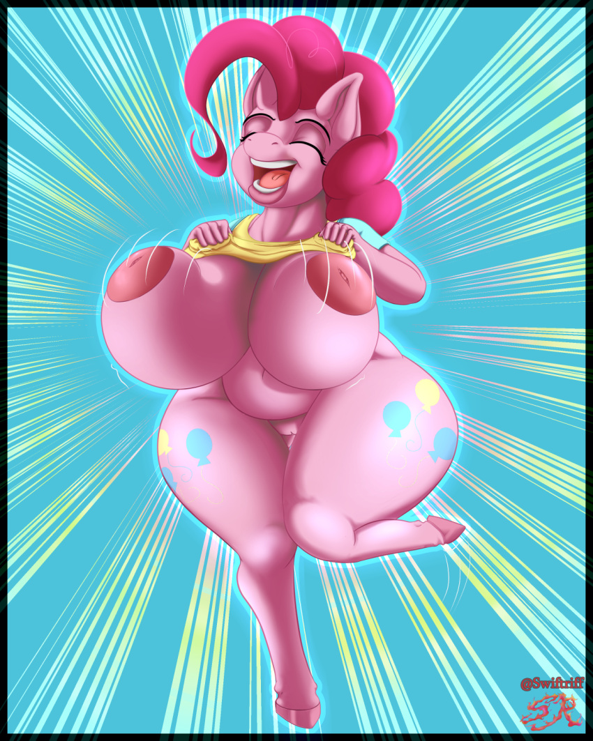 4:5 anthro anthrofied big_breasts bottomless breasts clothed clothing clothing_lift equid equine female flashing friendship_is_magic genitals hasbro hi_res horse huge_breasts inverted_nipples mammal my_little_pony nipples pinkie_pie_(mlp) pony pussy shirt shirt_lift solo straight_hair swiftriff thick_thighs topwear