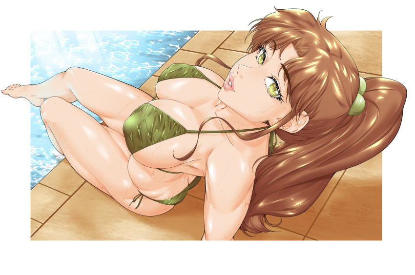 1girls barefoot bikini bishoujo_senshi_sailor_moon brown_hair feet female female_focus female_only green_eyes large_breasts looking_at_viewer makoto_kino pool poolside suiren_ciao swimsuit toes water